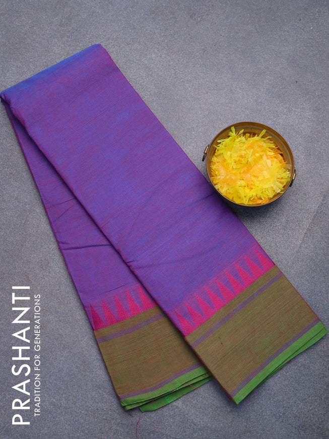 Chettinad cotton saree dual shade of bluish purple and green with plain body and temple design simple border without blouse