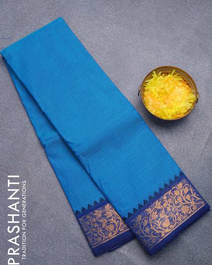 Chettinad cotton saree teal blue and blue with plain body and zari woven border without blouse