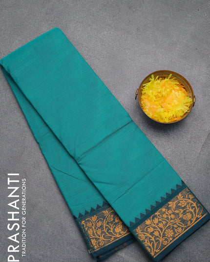 Chettinad cotton saree teal green shade and blue shade with plain body and zari woven border without blouse