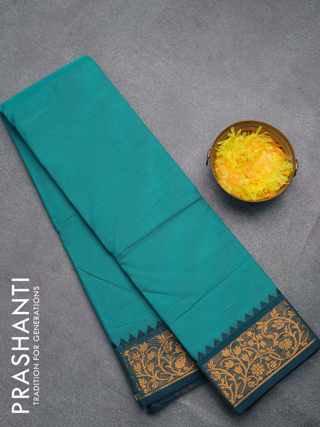 Chettinad cotton saree teal green shade and blue shade with plain body and zari woven border without blouse