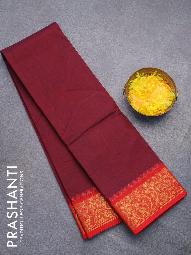 Chettinad cotton saree maroon and red with plain body and zari woven border without blouse