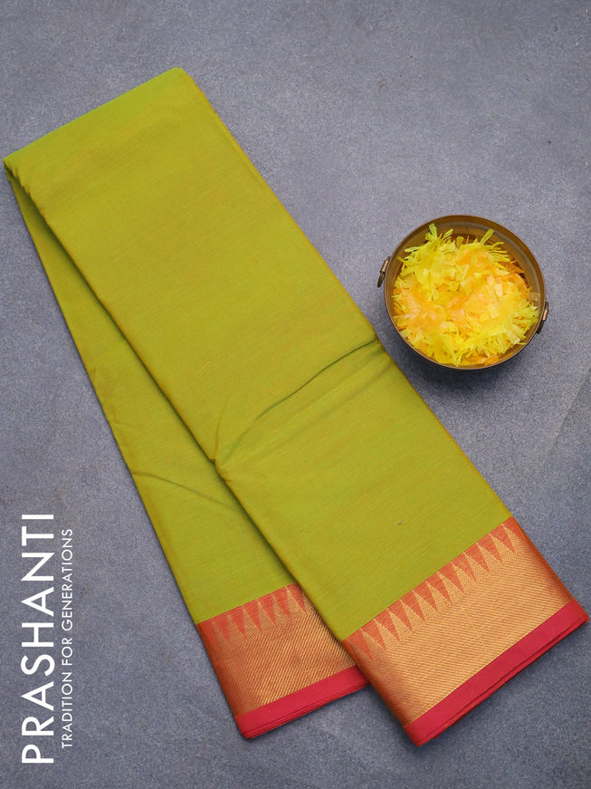 Chettinad cotton saree lime green and pink with plain body and temple zari woven border without blouse