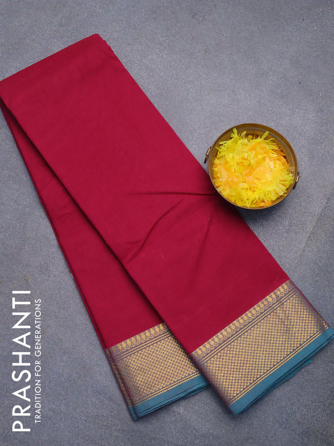 Chettinad cotton saree magenta pink and teal green with plain body and zari woven border without blouse