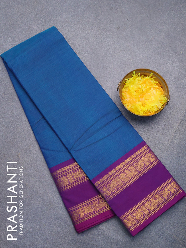 Chettinad cotton saree blue and purple with plain body and rettapet zari woven border without blouse