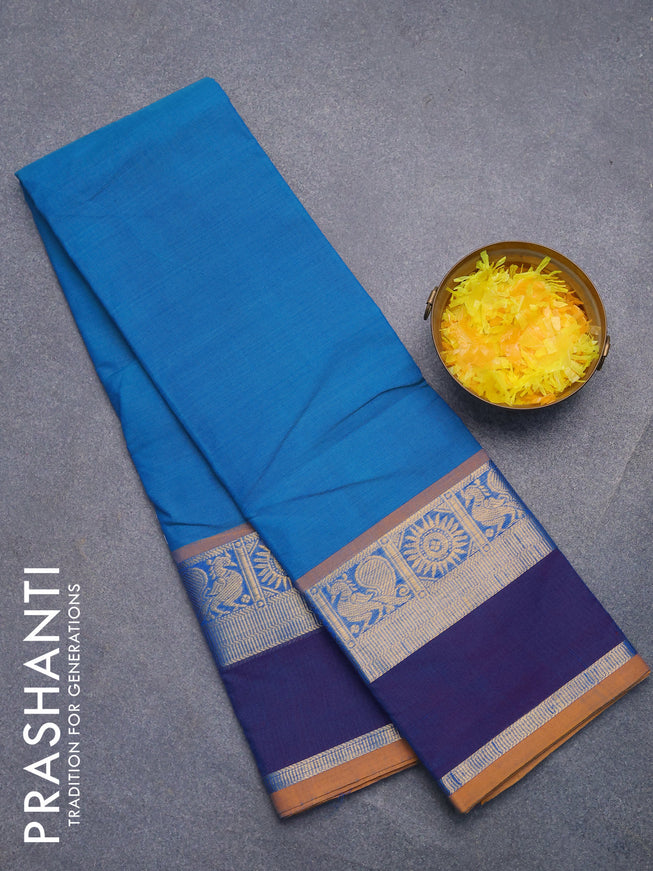 Chettinad cotton saree teal blue and blue with plain body and rettapet zari woven border without blouse