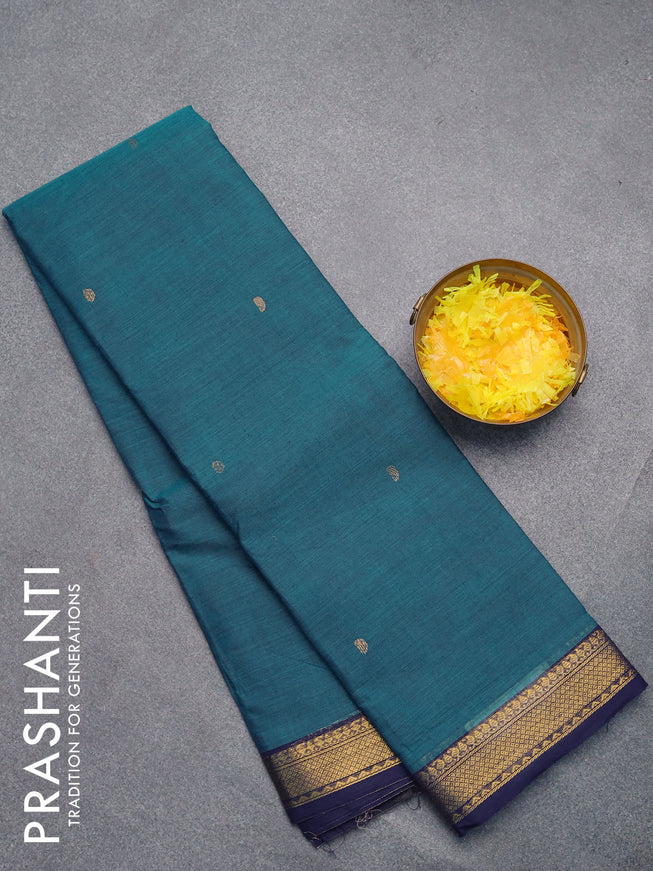 Chettinad cotton saree peacock green and blue with zari woven buttas and zari woven border without blouse