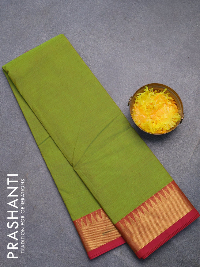 Chettinad cotton saree light green and pink with plain body and zari woven border without blouse