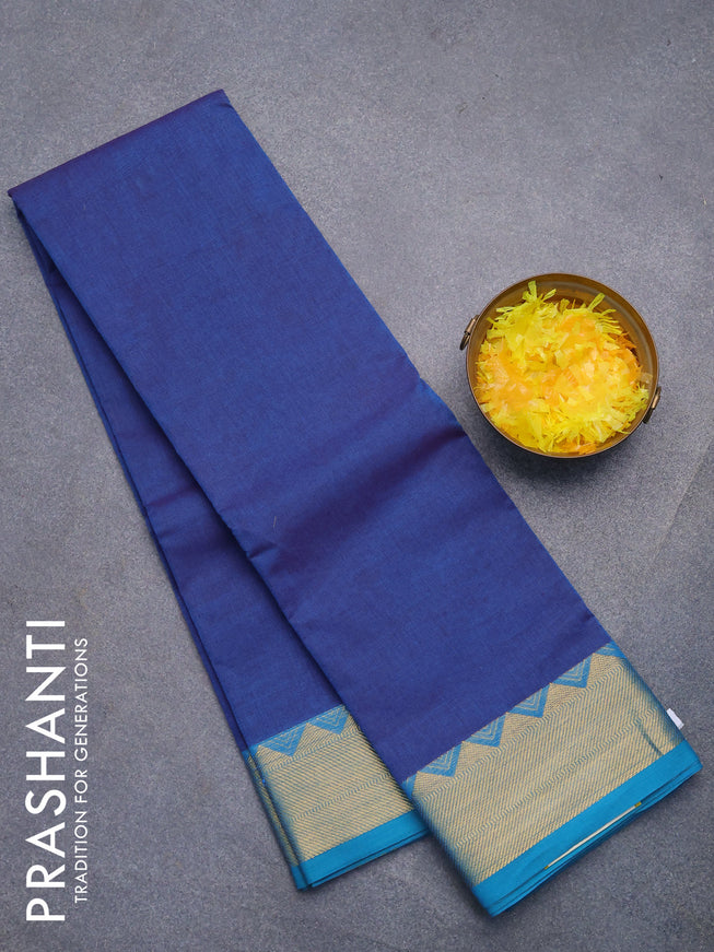 Chettinad cotton saree cs blue and teal blue with plain body and zari woven border without blouse