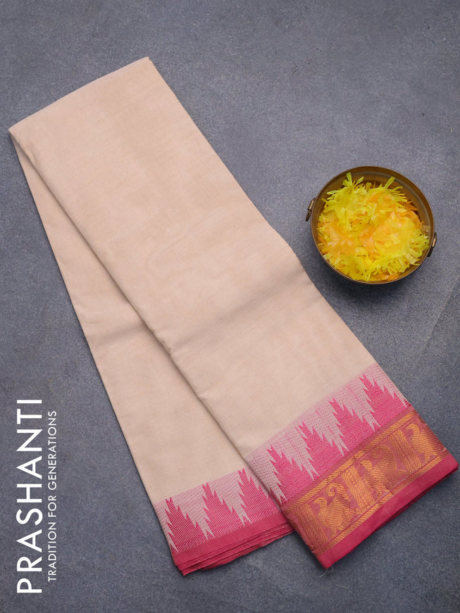 Chettinad cotton saree cream and pink with plain body and temple design zari woven border without blouse