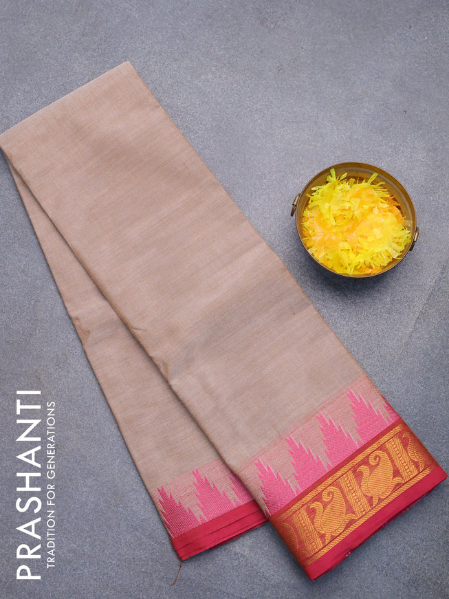 Chettinad cotton saree beige and pink with plain body and temple design zari woven border without blouse