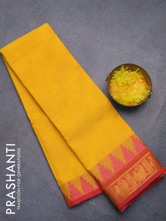 Chettinad cotton saree yellow and pink with plain body and temple design zari woven border without blouse
