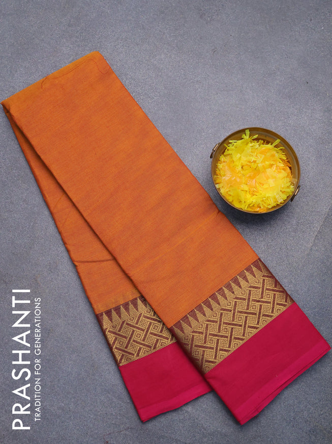 Chettinad cotton saree mustard shade and magenta pink with plain body and zari woven simple border without blouse