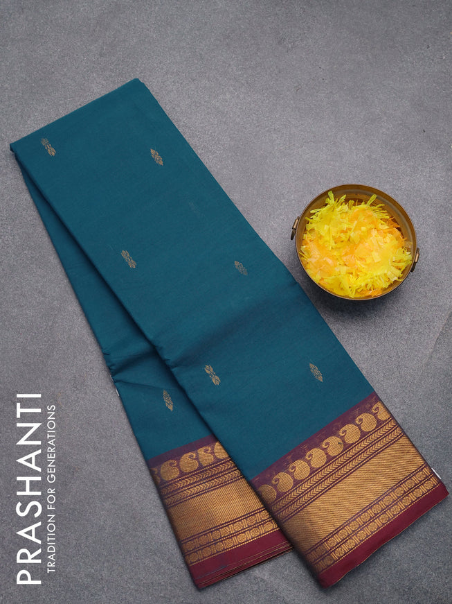 Chettinad cotton saree peacock blue and maroon with zari woven buttas and paisley zari woven border without blouse