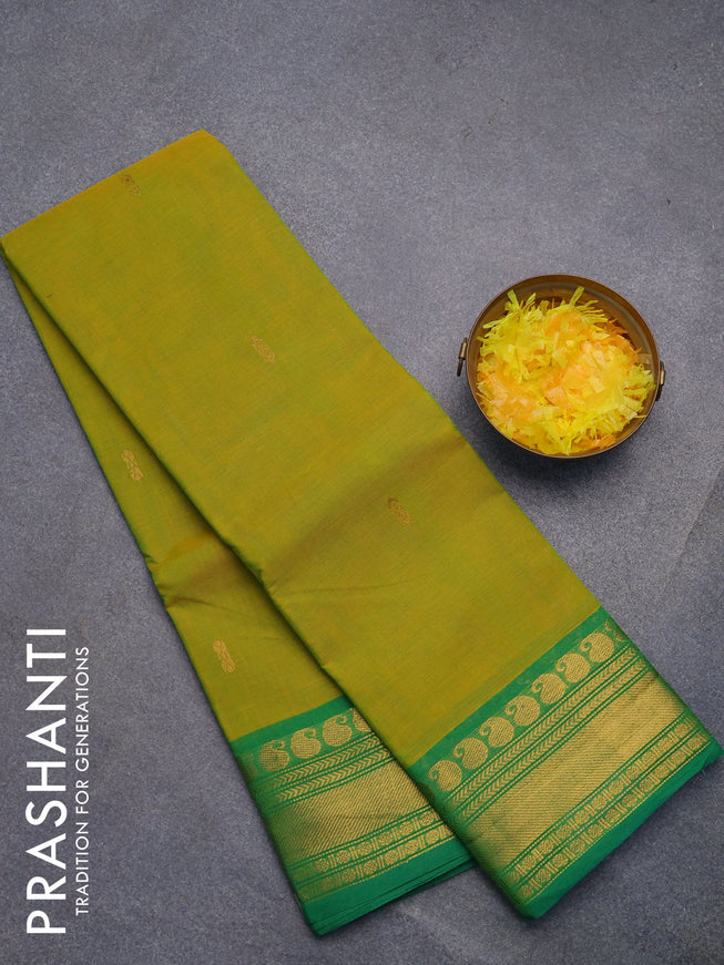 Chettinad cotton saree dual shade of yellow and green with zari woven buttas and paisley zari woven border without blouse
