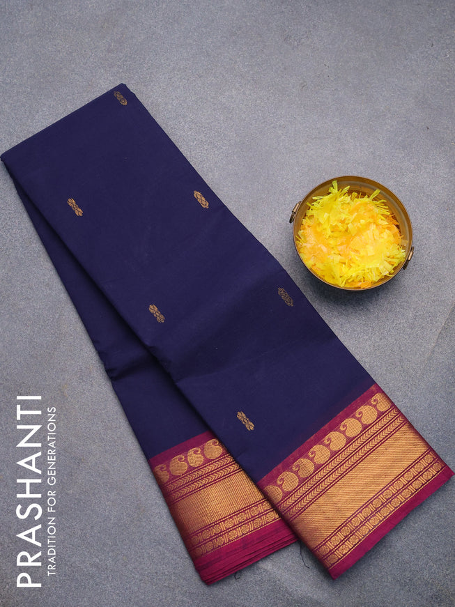 Chettinad cotton saree dark blue and magenta pink with zari woven buttas and paisley zari woven border without blouse