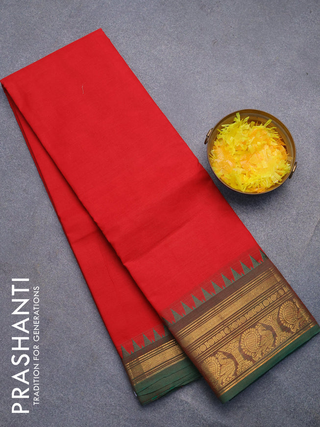 Chettinad cotton saree red and green with plain body and annam zari woven border without blouse