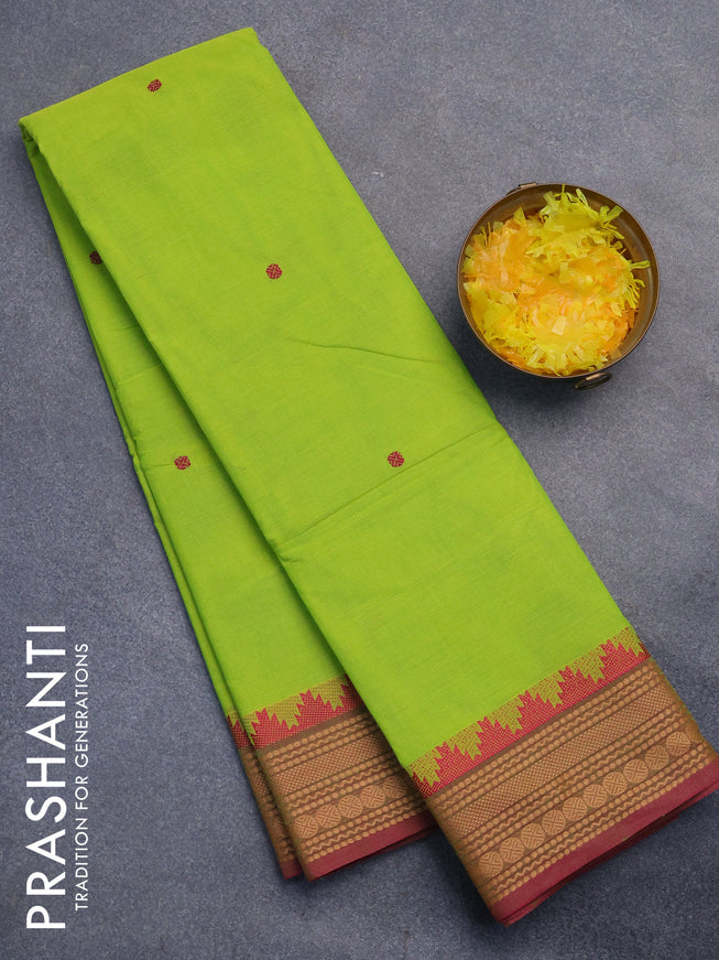 Chettinad cotton saree fluorescent green and pink with thread woven buttas and thread woven border without blouse