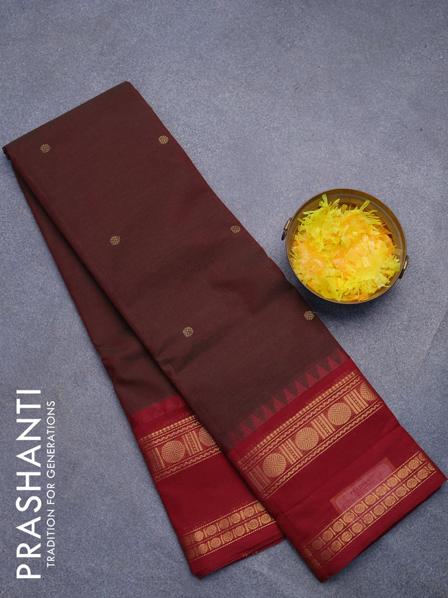 Chettinad cotton saree dual shade of greenish maroon and maroon with zari woven buttas and rettapet zari woven border without blouse