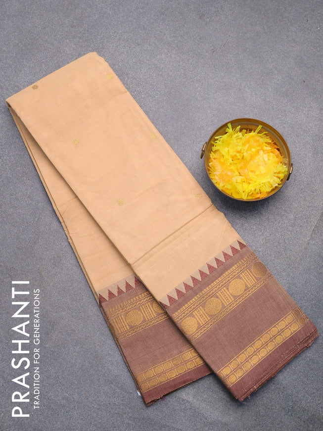 Chettinad cotton saree sandal and brown with zari woven buttas and rettapet zari woven border without blouse