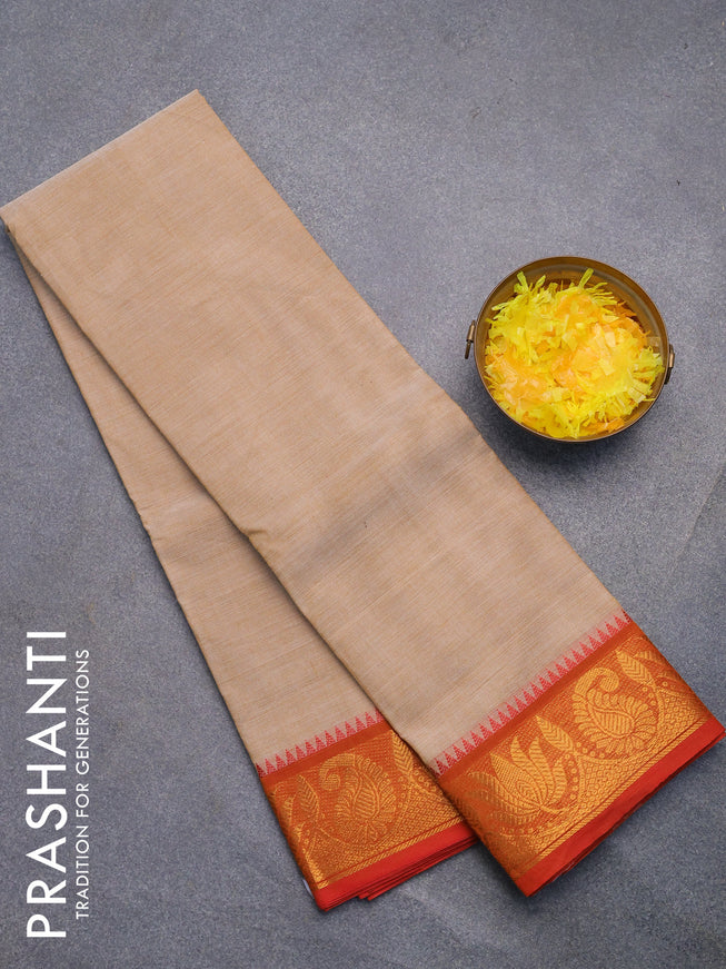 Chettinad cotton saree beige and red with plain body and zari woven border without blouse
