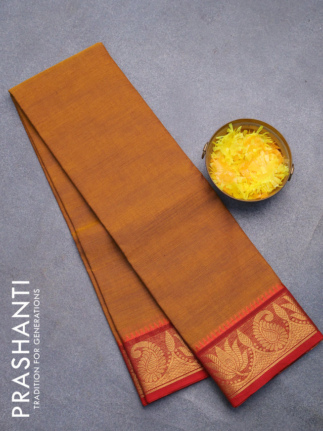 Chettinad cotton saree mustard shade and maroon with plain body and zari woven border without blouse