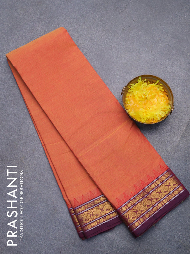 Chettinad cotton saree sunset orange and dual shade of purple with plain body and zari woven border without blouse