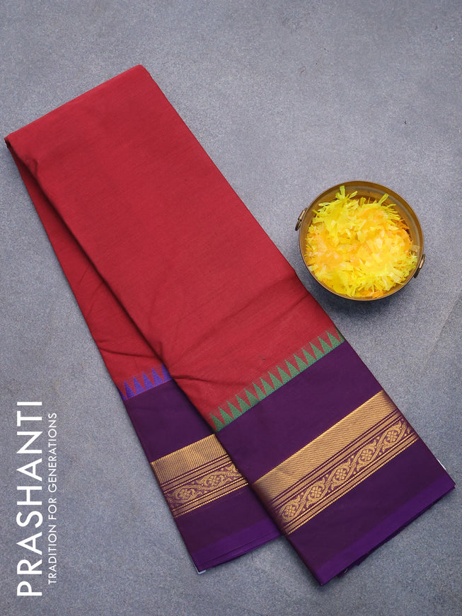 Chettinad cotton saree maroon and violet with plain body and temple design zari woven simple border without blouse