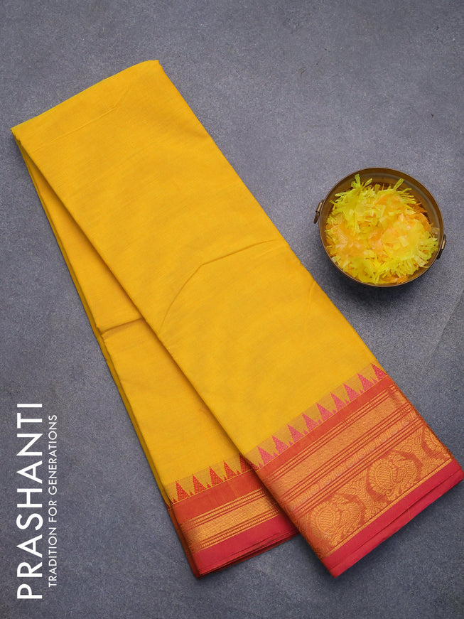 Chettinad cotton saree mango yellow and pink shade with plain body and zari woven annam zari woven border without blouse