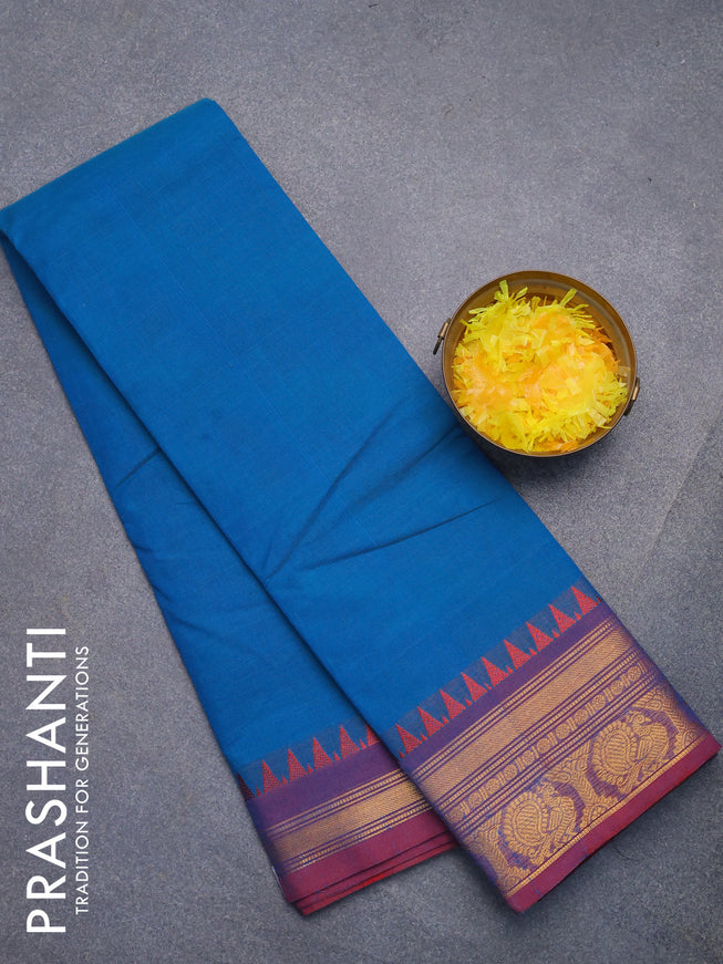 Chettinad cotton saree cs blue and maroon shade with plain body and zari woven border without blouse