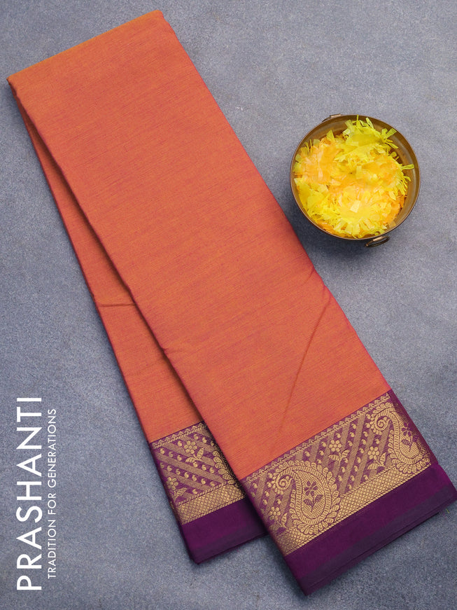 Chettinad cotton saree dual shade of mustard and deep purple with plain body and zari woven border without blouse