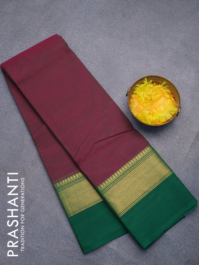 Chettinad cotton saree dual shade of magenta pink and green with plain body and zari woven simple border without blouse