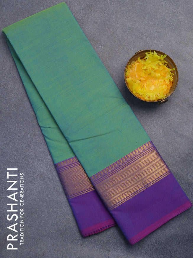 Chettinad cotton saree dual shade of teal green and dual shade of purple with plain body and zari woven simple border without blouse