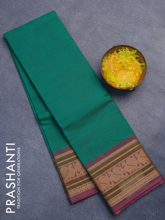 Chettinad cotton saree green and pink shade with plain body and thread woven border without blouse
