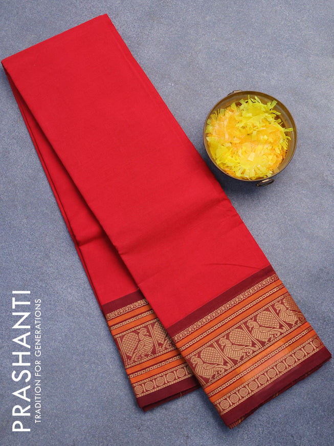 Chettinad cotton saree red and maroon with plain body and thread woven border without blouse
