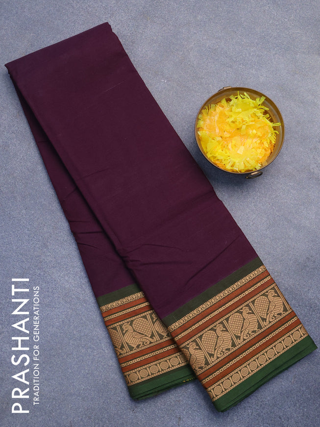 Chettinad cotton saree deep jamun shade and green with plain body and thread woven border without blouse