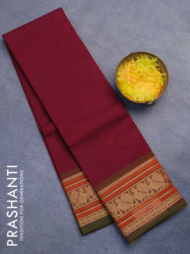 Chettinad cotton saree maroon and green shade with plain body and thread woven border without blouse