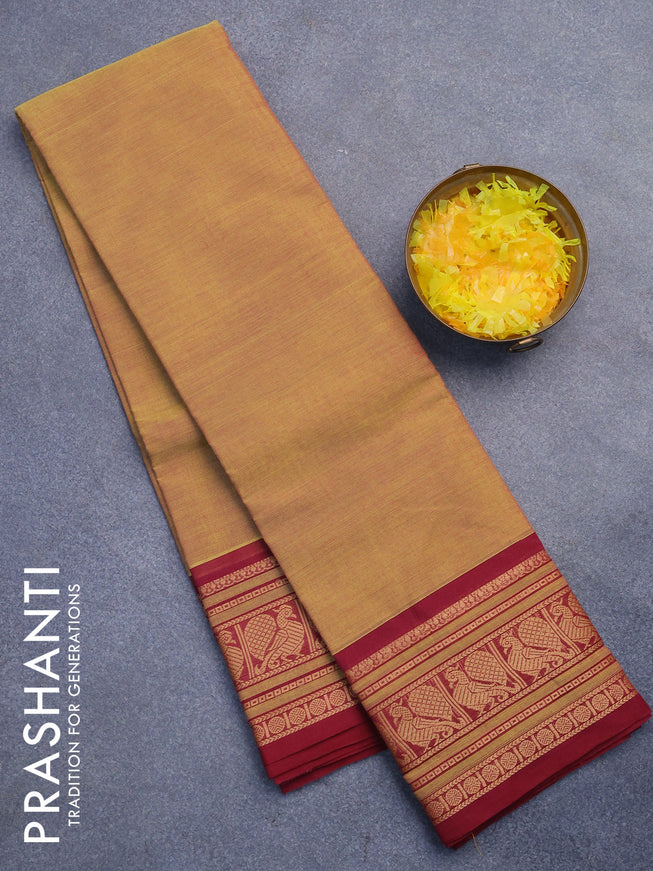 Chettinad cotton saree dark sandal and maroon with plain body and annam thread woven border without blouse