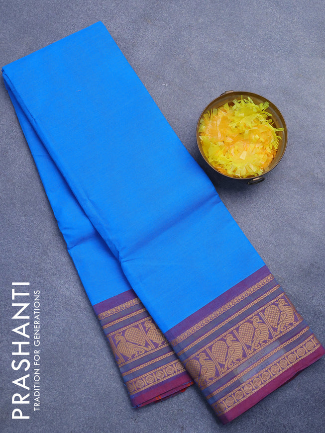 Chettinad cotton saree cs blue and pink with plain body and annam thread woven border without blouse