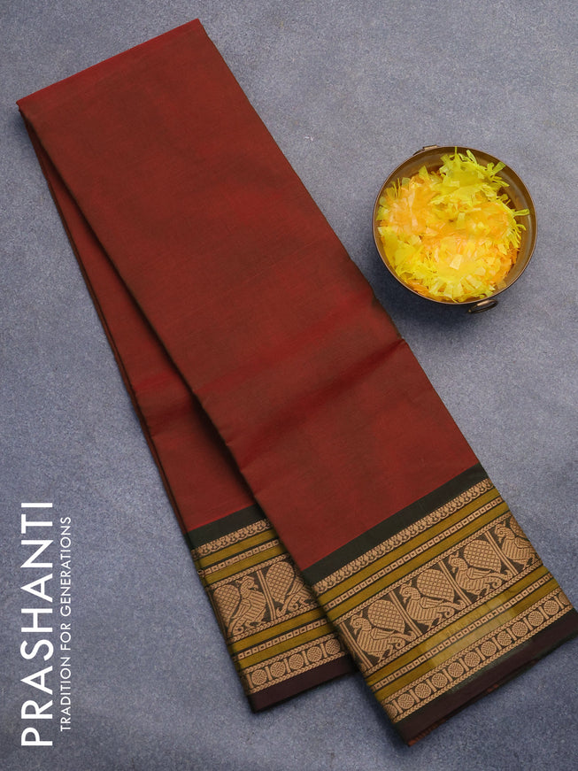 Chettinad cotton saree maroon shade and dark green with plain body and annam thread woven border without blouse