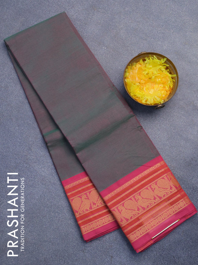 Chettinad cotton saree dual shade of green and pink shade with plain body and annam thread woven border without blouse