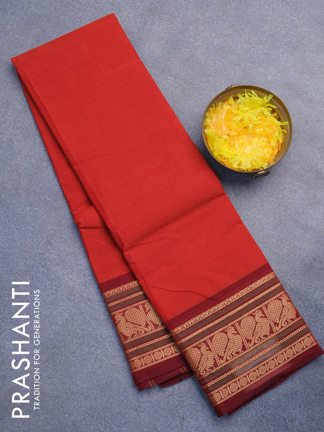 Chettinad cotton saree red and maroon with plain body and annam thread woven border without blouse