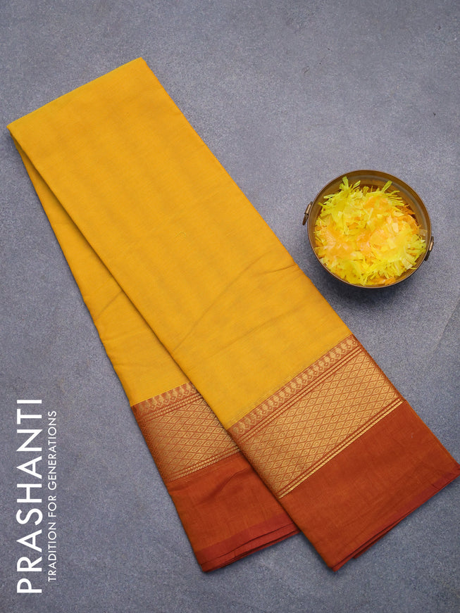 Chettinad cotton saree yellow and maroon shade with plain body and zari woven simple border without blouse