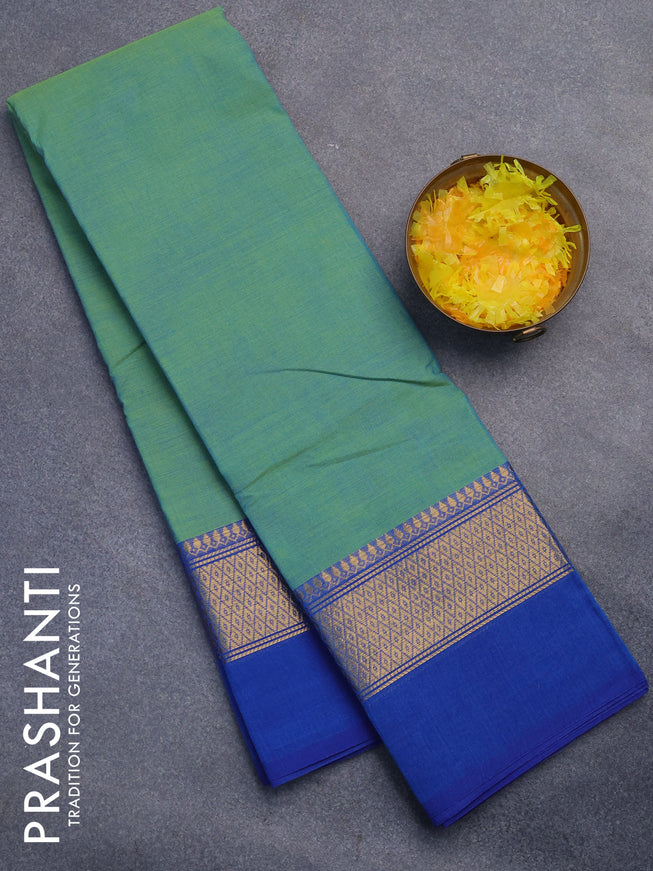 Chettinad cotton saree teal green and cs blue with plain body and zari woven simple border without blouse