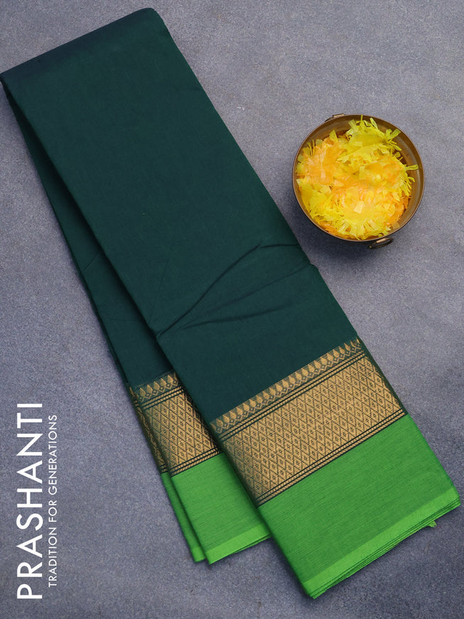 Chettinad cotton saree dark green and light green with plain body and zari woven simple border without blouse