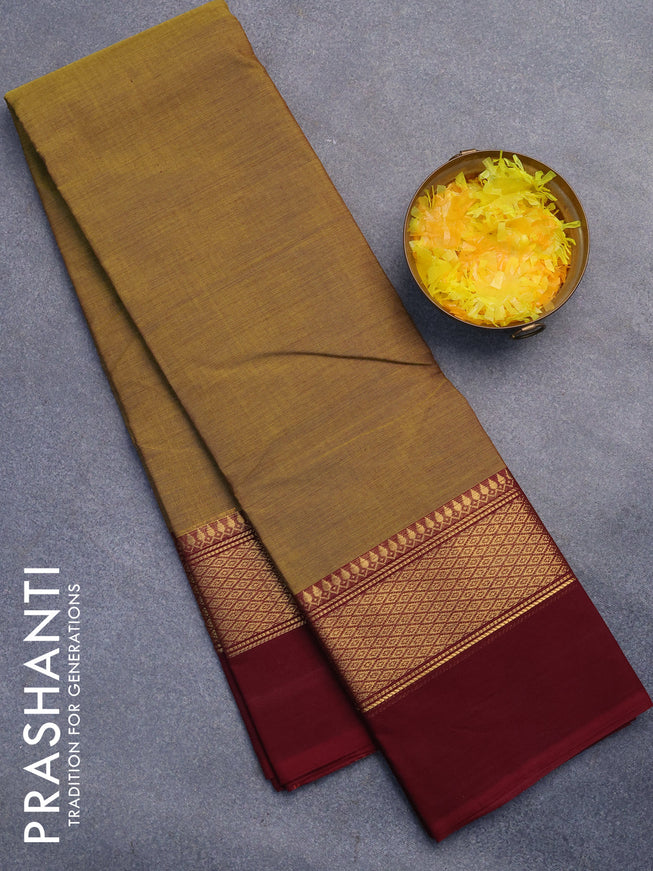 Chettinad cotton saree mehendi green and maroon with plain body and zari woven simple border without blouse