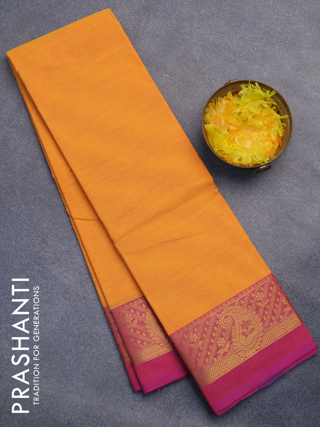 Chettinad cotton saree mango yellow and pink shade with plain body and zari woven simple border without blouse