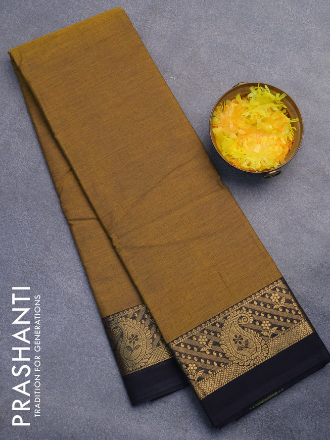 Chettinad cotton saree mustard sahde and black with plain body and zari woven simple border without blouse
