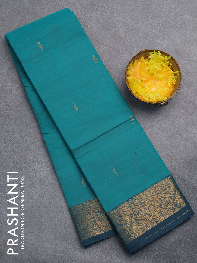 Chettinad cotton saree teal blue and blue with zari woven buttas and zari woven border without blouse