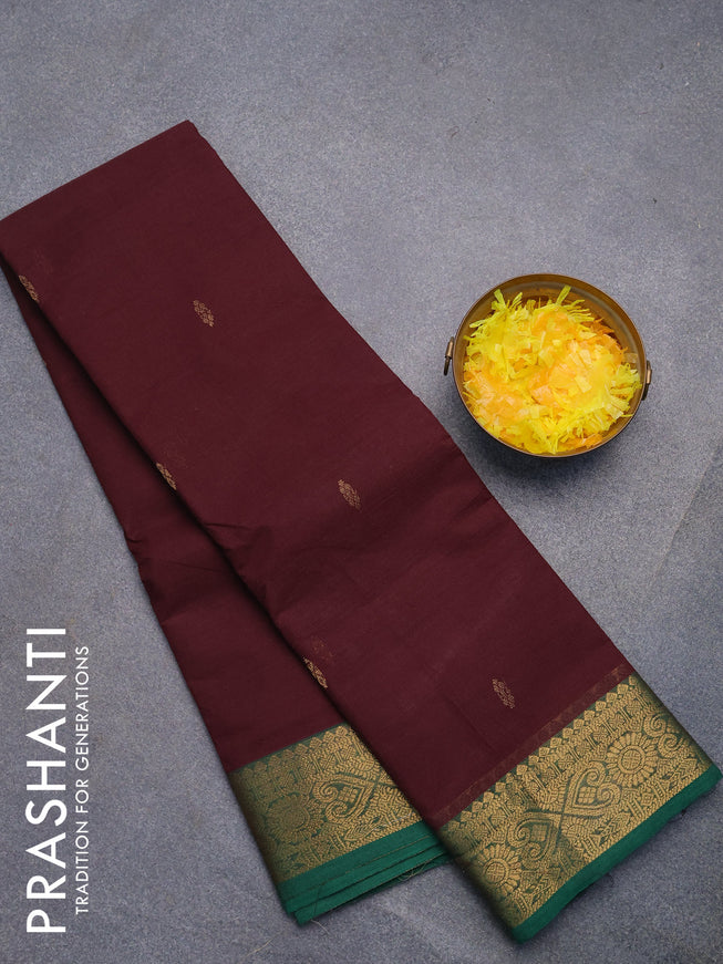 Chettinad cotton saree coffee brown and green with zari woven buttas and zari woven border without blouse