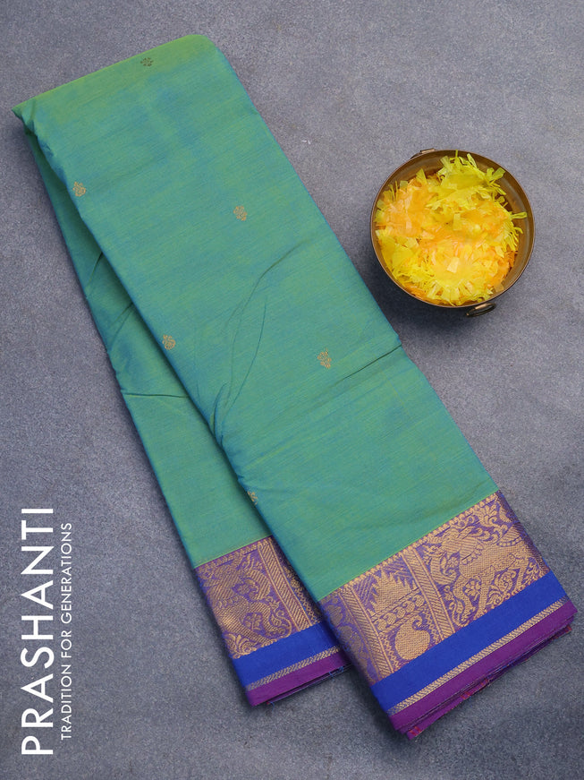 Chettinad cotton saree teal green and purple with zari woven buttas and zari woven border without blouse